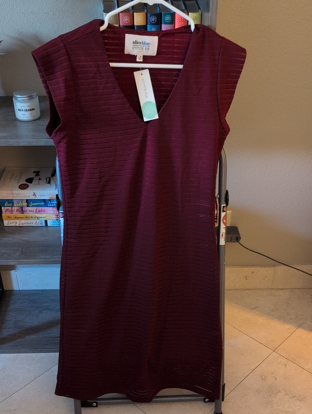 Alice Blue Burgundy V-Neck Textured Midi Dress